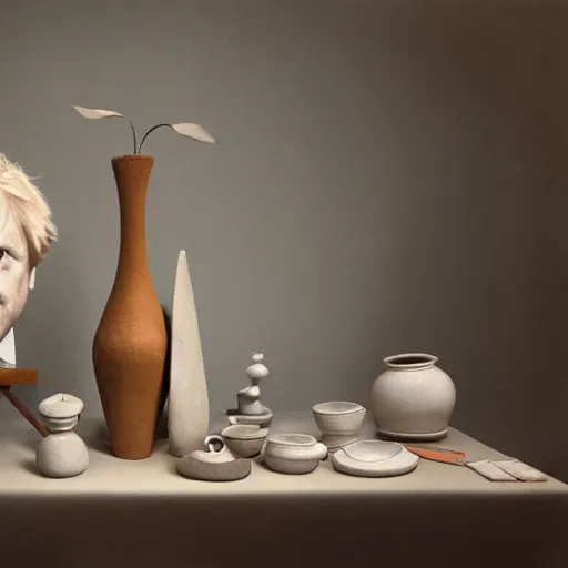 Prompt: beautiful studio photograph of a ceramics display with a portrait of boris johnson painted by hans holbein painted onto a tall angular stoneware vase with handles placed on a tablecloth on a wooden table, hyperrealism 8 k trending on artstation