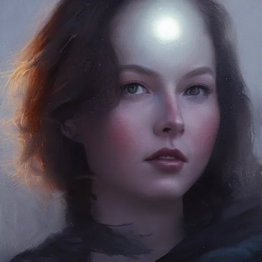 Image similar to closeup portrait of a young esme bianco, dramatic lighting, city background, night, moon, chiaroscuro, high detail, painted by greg rutkowski, painted by igor kieryluk, painted by bobby chiu, trending on artstation