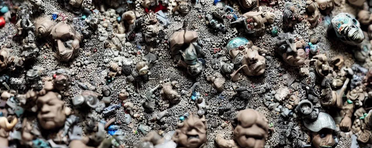 Prompt: a close up of a piece of plastiglomerate made from warhammer figures and korean beauty face masks, photographic, highly detailed