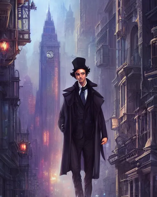 Image similar to portrait of sherlock holmes standing in a futuristic city street, soft colours, detailed, realistic, digital art, by alayna lemmer, by tom bagshaw