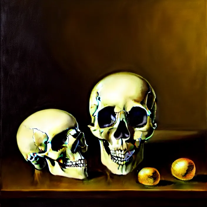 Image similar to still life painting of a skull with neon glowing crystal eyes, by pieter claesz, oil on canvas, strong lighting, highly detailed, hyper realism, golden hour, god rays, hd, 4 k