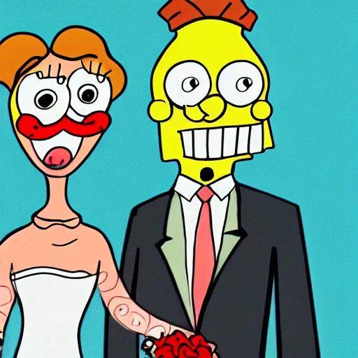 Prompt: a beautiful scrinshort of wedding couple in style of spongebob squarepants cartoon, coherent symmetrical faces