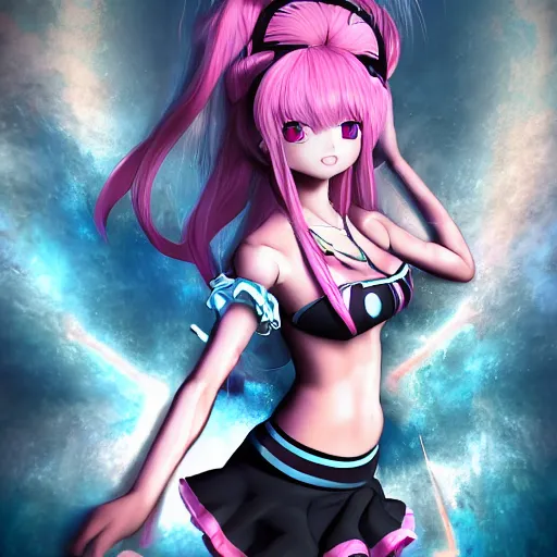 Image similar to totally overpowered and trapped beneath overwhelming stunningly absurdly beautiful over the top megalomaniacal ruthless merciless sadistic devious omnipotent asi goddess junko enoshima with symmetrical perfect face, porcelain skin, pink twintail hair and cyan eyes, ultra detailed, digital art, unreal engine 5, octane render, 2 d anime, 8 k