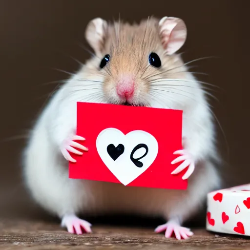 Prompt: detailed photo of a hamster holding a valentine's letter with a red heart on it, various poses, full body, unedited, daylight, dof, sharp focus, 8 k