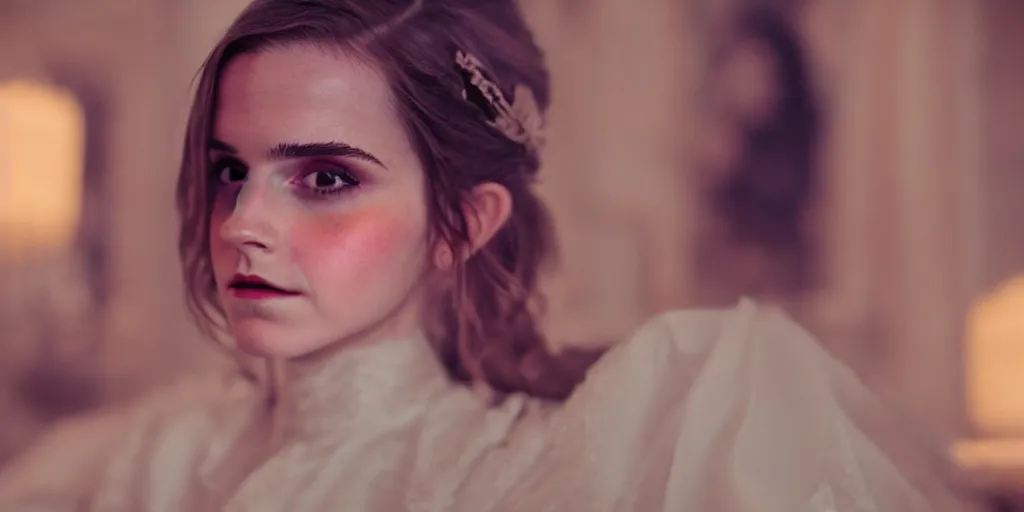 Prompt: colour portrait closeup!! Emma Watson long hair flowing silk robes baroque room candles mirrors cinematic lighting cinematic lighting cinematic lighting stanley kubrick barry lyndon 4k canon 5d mk4