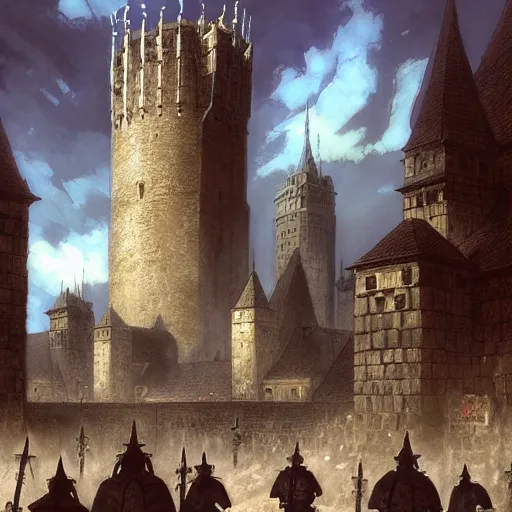 Prompt: “The plaza around the base of the tower was very large and spacious. The tower was made of solid black metal and stone. The plaza was patrolled by large mechanized guards. Anime background artwork by Marc Simonetti, artwork by Ted Nasmith, Ted Nasmith and Marc Simonetti, 8K, D&D concept art, D&D wallpaper”