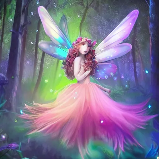 Image similar to macabre fairy princess with galaxy wings residing in a deep dark forest grove, beautiful colorful pretty artistic 4 k artstation trending dynamic dramatic lighting realistic floral garden blooming flowers high contrast light and dark magnificent