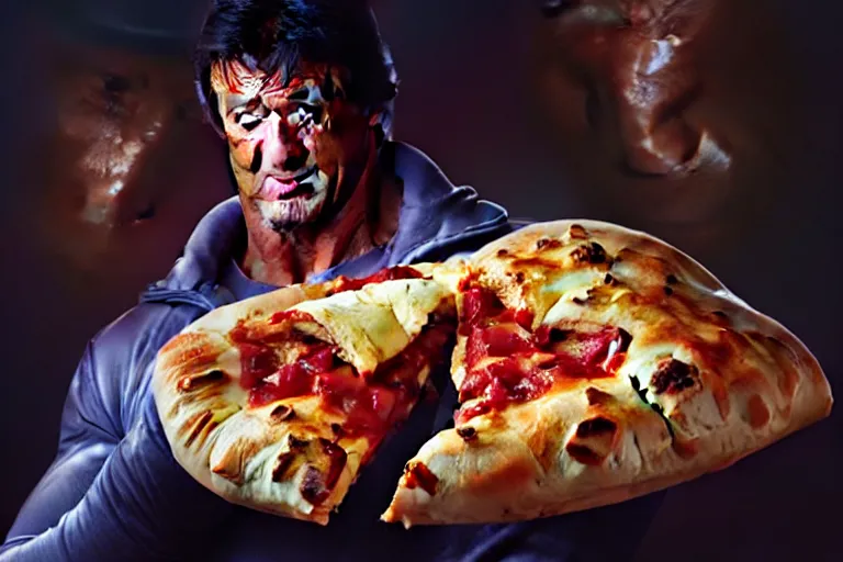 Prompt: sylvester stallone inside a calzone pizza, hyper detailed, digital art, artstation, cinematic lighting, studio quality, smooth render, by artgerm, greg rutkowski, boris vallejo