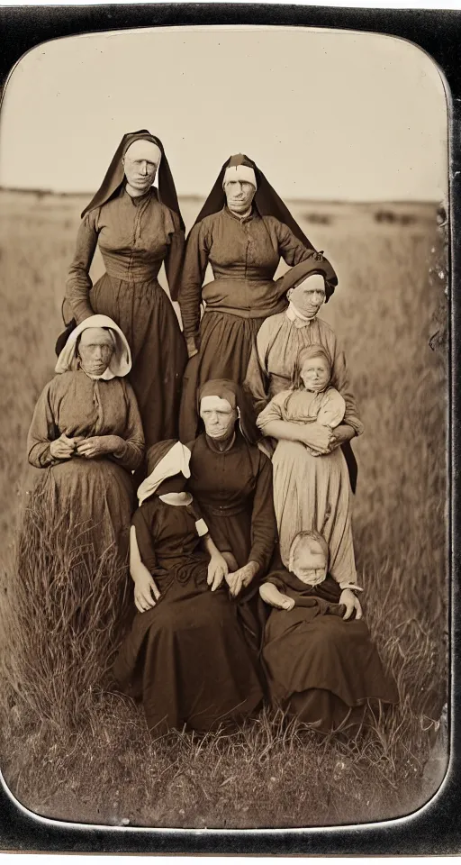 Image similar to wet plate photograph, mormon sister wives living on a dusty prairie ranch, 1850