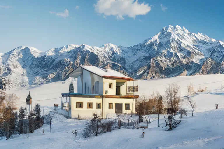 Image similar to architecture photo modern fachwerk house cottage settlement with Elbrus mountain on the background, architecture, photorealism 8k , high details