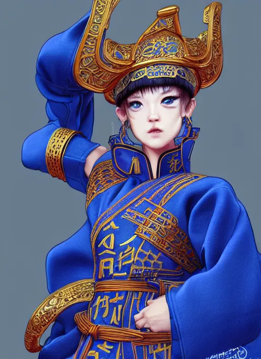 Image similar to manchurian martial artist!!!! blue eyes!! intricate ornate blue robes!! character concept art, sharp focus, octane render! unreal engine 5! highly rendered!! trending on artstation!! detailed linework!! illustration by artgerm, wlop, and chie yoshii