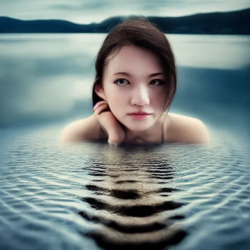 Image similar to dslr photo of a large lake with ripples from a pebble skimming across the water, full bodied portrait, artgerm, artstation, very high quality effects, intricate details,, extremely high quality, moody lighting, real camera, real photo, photography by deviantart, 8 k, full subject in shot