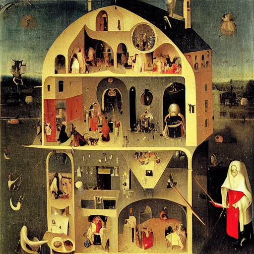 Prompt: humans living in a doll house by Hieronymus Bosch