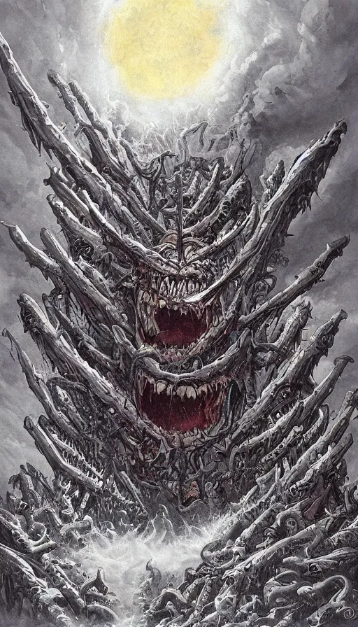 Prompt: a storm vortex made of many demonic eyes and teeth, by james gurney