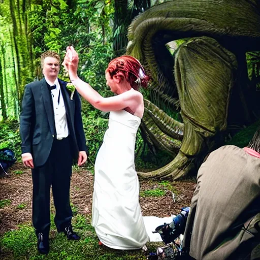 Image similar to wedding photography picture of a predator ( from the predator movies ) as the groom and a xenomorph alien as the bride in an outdoor wedding ceremony