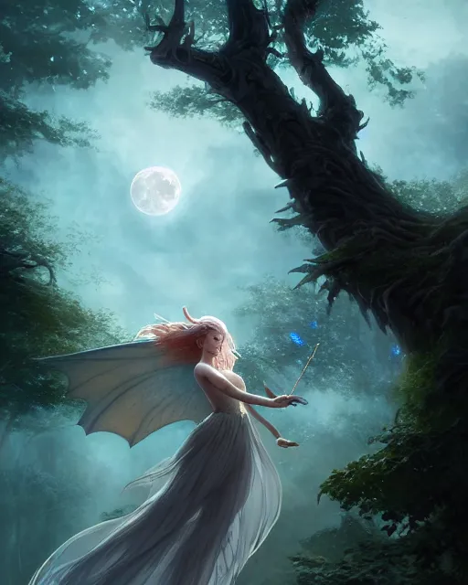 Prompt: attractive fairy goddness fly high in the night, d & d, fantasy, mist, full moon in background, trees, hyper detailed, art by artgerm and greg rutkowski and magali villeneuve, midium shot, 8 k realistic, cryengine, digital painting, trending on artstation, concept art, sharp focus, illustration,