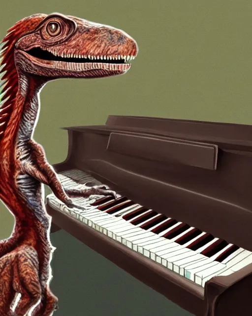 Prompt: a confused velociraptor taking a piano lesson, photorealistic, trending on artstation