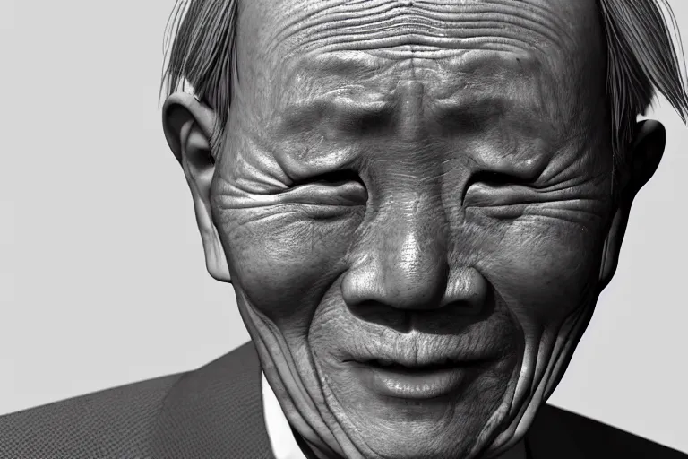 Prompt: still photo of a japanese old man greeting at the camera on the street, black and white color aesthetic, highly detailed, photorealistic portrait, bright studio setting, studio lighting, crisp quality and light reflections, unreal engine 5 quality render