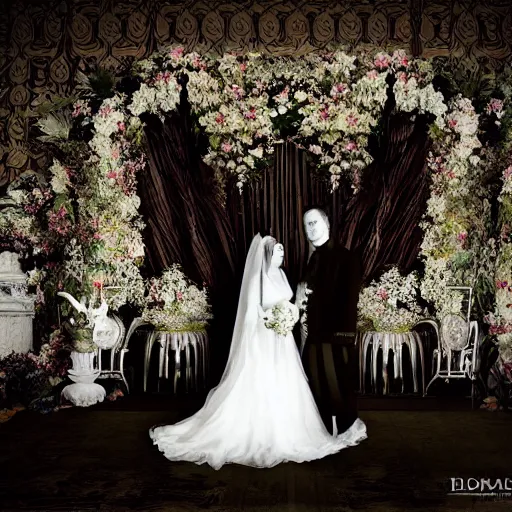 Image similar to A wide full shot, colored black and white Russian and Japanese mix historical fantasy a photograph portrait taken of inside the royal wedding floral covered venue inspired by a enchanted ethereal forest, photographic portrait, warm lighting, 1907 photo from the official wedding photographer for the royal wedding. ultra realistic, photorealistic, octane render, ray cinematic.