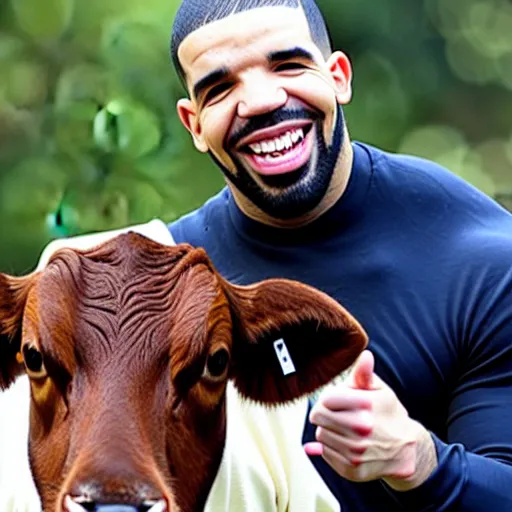 Prompt: drake, laughing and having fun, with a cow