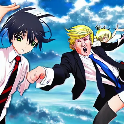 Image similar to “anime key visual of Donald trump fighting anime girls, pixiv”