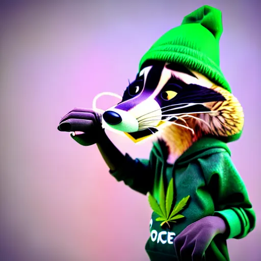 Prompt: a very relaxed stoner with a black hoodie on with a marijuana themed dark green raccoon head from zootopia, wearing beanie, holding a vape, 3 d render, extremely detailed fur, wearing a marijuana t - shirt