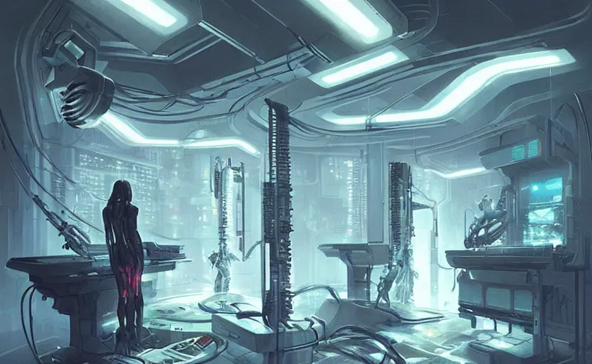 Image similar to neon surgery machine cyberpunk futuristic, in a white room, art by giger, greg rutkowski