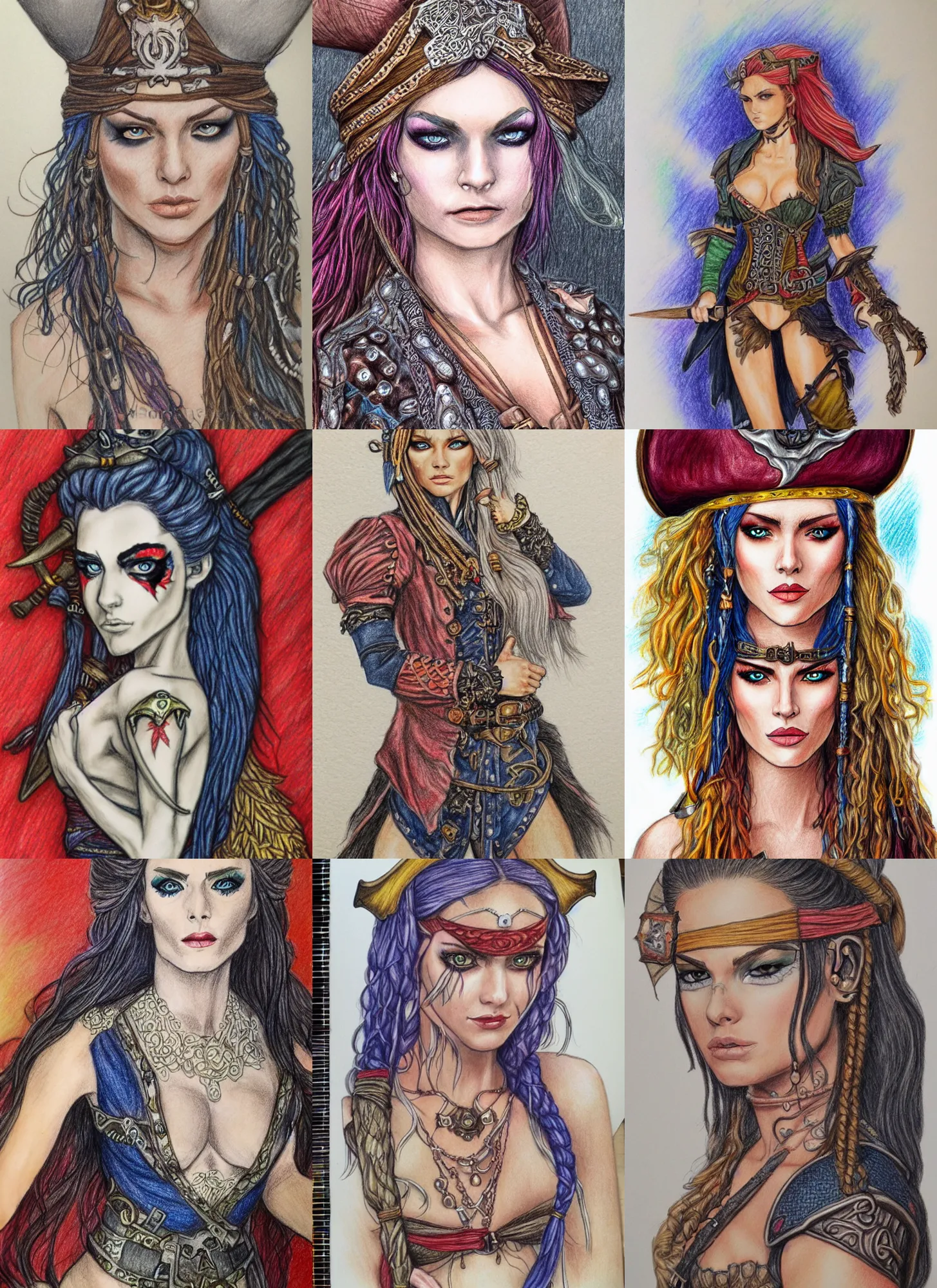 Prompt: full body detailed colored pencil drawing of a d & d style beautiful pirate female with a beautiful face wearing intricate clothing