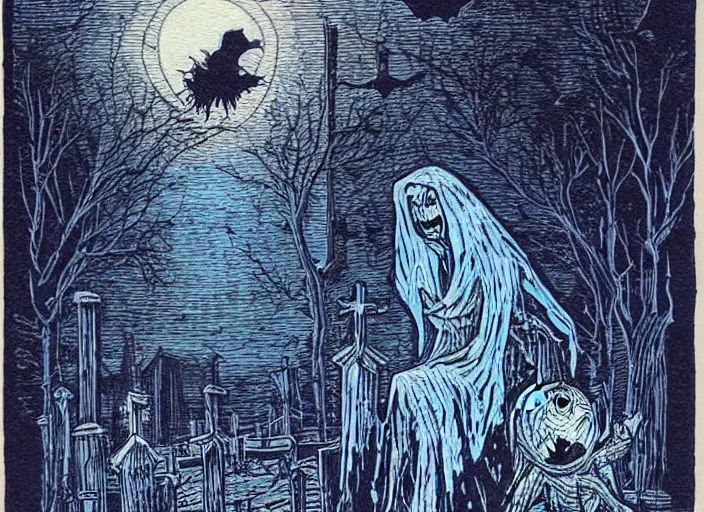 Image similar to blue woodcut print, cartoon halloween ghost in graveyard at midnight by greg rutkowski, fine details, highly detailed