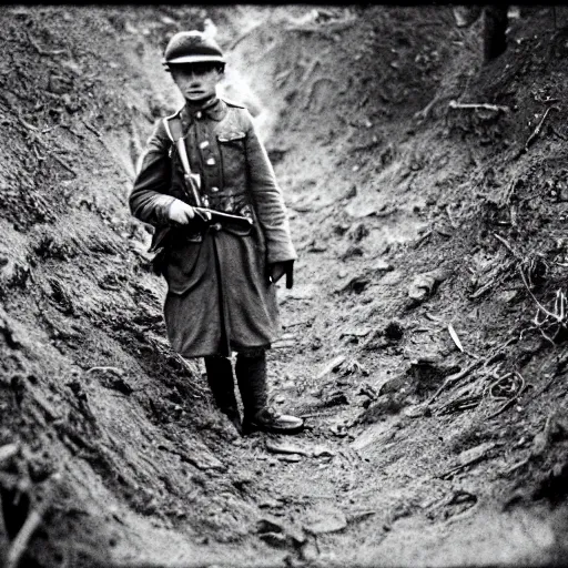 Image similar to stranger things , ww1 trench, war photo, film grain