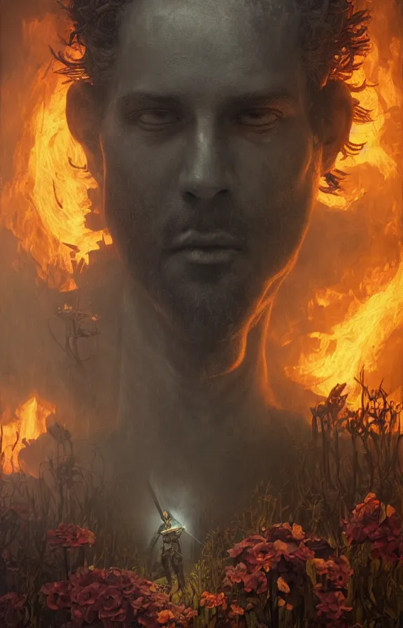 Image similar to portrait of a knight among flowers in dark forest, surrounded by fire and smoke, moody, rim light, dynamic lighting, cinematic shot, gritty, ultra - detail, renderman, physically based render, jean delville, gustave dore and marco mazzoni