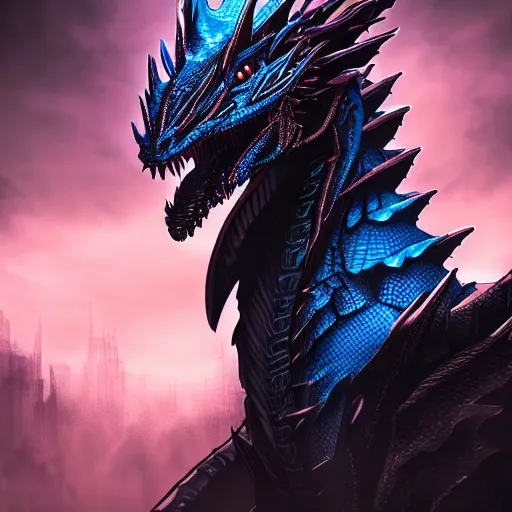 Prompt: a majestic black and blue dragon, hd, 4k, trending on artstation, award winning, 8k, 4k, 4k, 4k, very very very detailed, high quality cyberpunk art