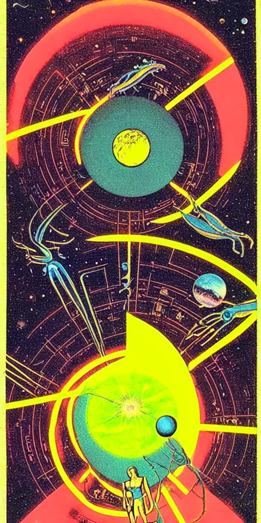 Image similar to 1968 science fiction tarot card, cut out collage, neon Roman, spring on Saturn, epic theater, deep sea, mountain plants, drawings in part by moebius, part by Ernst Haekl, text by William S Boroughs