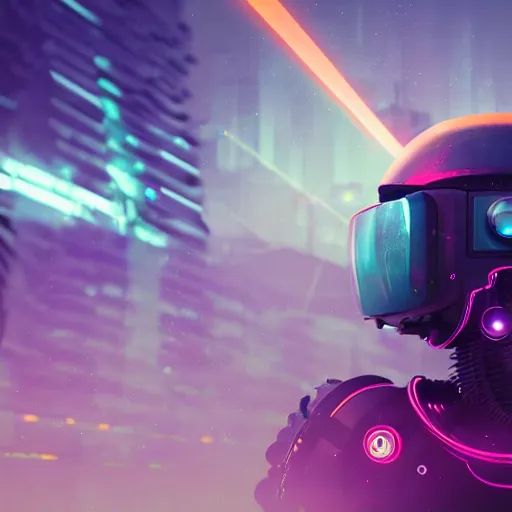 Image similar to cyberpunk concept cool cyborg bot, cinema 4 d, galaxy, cosmos, ufo, space sci - fi, wearing vr goggles, illustration, portrait, pastel neon textured background night, trending on artstation, greg rutkowski, octane rendered, 1 2 k, detailed,