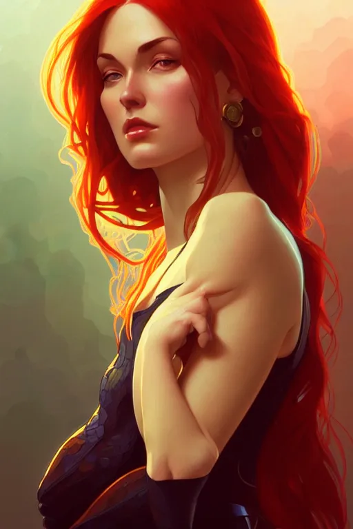 Prompt: a portrait of jean grey, fantasy, sharp focus, intricate, elegant, digital painting, artstation, matte, highly detailed, concept art, illustration, ambient lighting, art by ilya kuvshinov, artgerm, alphonse mucha, and greg rutkowski