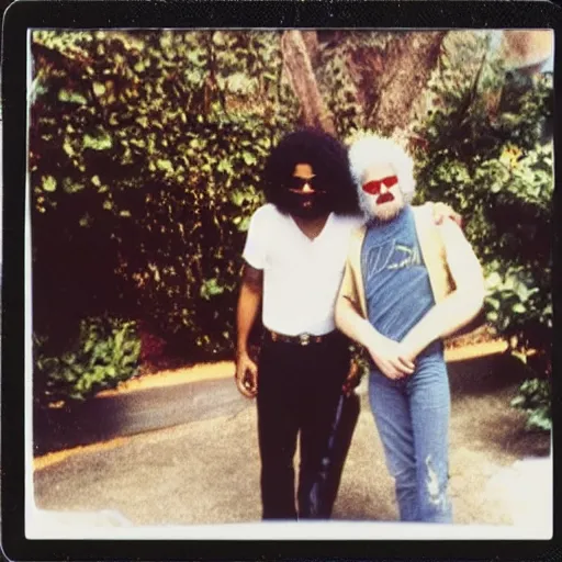 Prompt: polaroid of jerry garcia hanging out with michael jackson