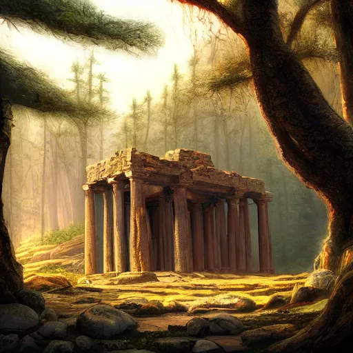 Prompt: phoenician temple in the woods of maine, artstation, matte oil painting, crisp, sharp, darrell k sweet, mysterious