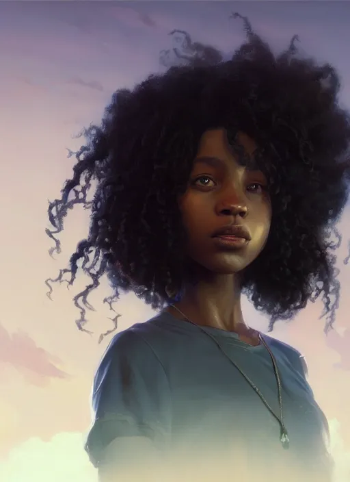 Image similar to highly detailed portrait of black girl with long curly hair looking at the camera in gta v, stephen bliss, unreal engine, fantasy art by greg rutkowski, loish, rhads, ferdinand knab, makoto shinkai and lois van baarle, ilya kuvshinov, rossdraws, tom bagshaw, global illumination, radiant light, detailed and intricate environment