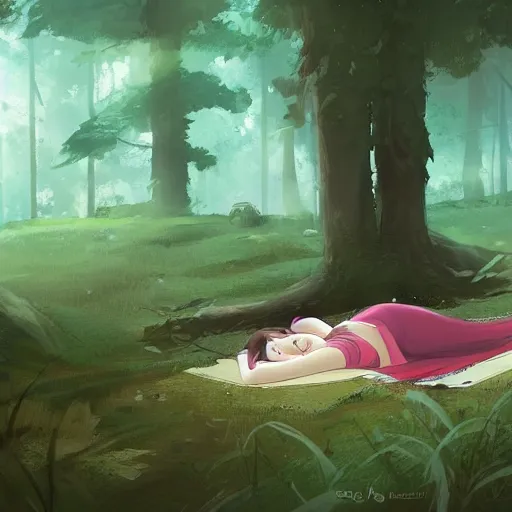 Image similar to a girl sleeping in a forest, she is laying down. in the style of rossdraws, wlop, greg rutkowski, ghibli