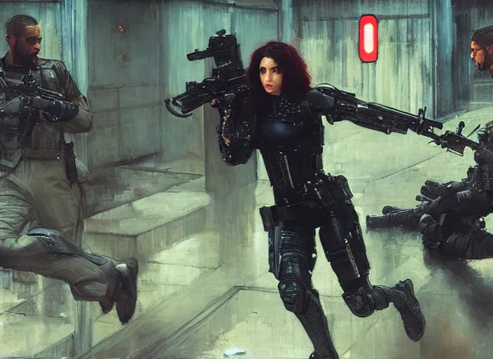 Image similar to sophia evades sgt griggs. Cyberpunk hitwoman escaping Cyberpunk police troopers in combat gear. (police state, Cyberpunk 2077, blade runner 2049, rainy city). Iranian orientalist portrait by john william waterhouse and Edwin Longsden Long and Theodore Ralli and Nasreddine Dinet, oil on canvas. Cinematic, Dramatic lighting.