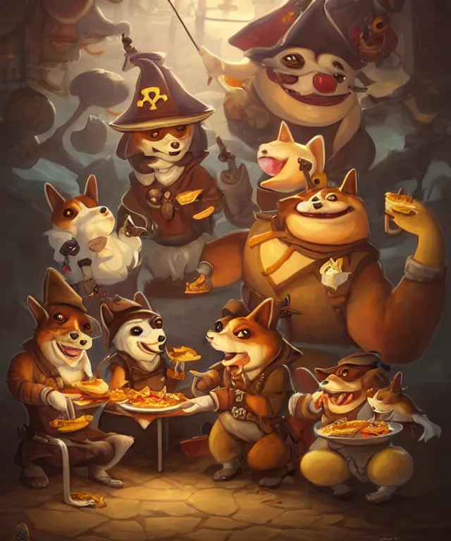 Image similar to a portrait of three anthropomorphic corgi pirates eating hamburgers and fries, restaurant in background, cute and adorable, dnd character art portrait, well rendered matte fantasy painting, deviantart artstation, by jason felix by steve argyle by tyler jacobson by peter mohrbacher, cinematic lighting