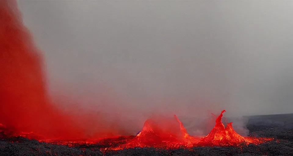 Image similar to a volcano made of ivory vines and crimson rocks enters in eruption, it spits a smoke in the shape of demonic eye, by Dan Witz