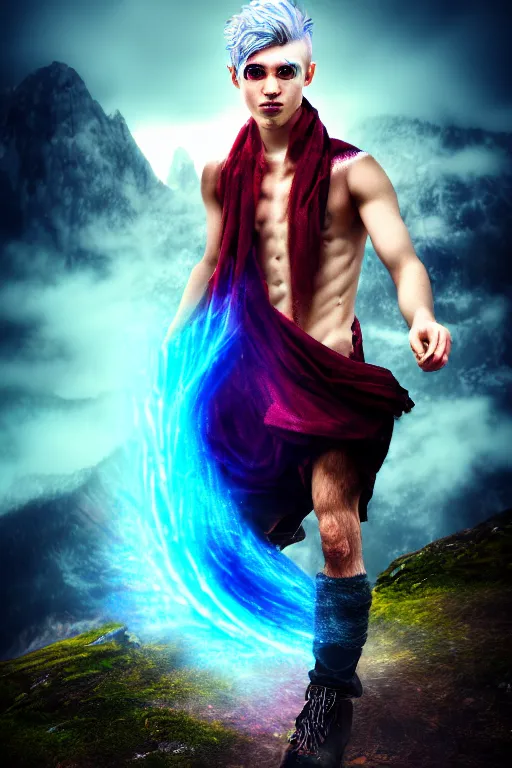 Prompt: a human elemental sorcerer, mountainous setting, colorful magic effects, male, white skin, portrait, old, sharp focus, digital art, dynamic lighting, by emylie boivin