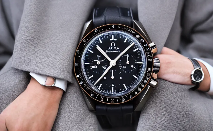 Image similar to omega speedmaster on the wrist of a lady with a wool suit