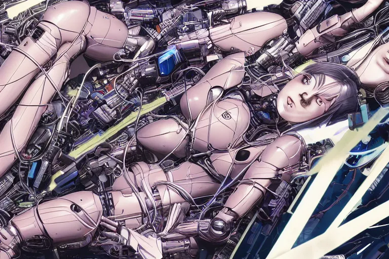 Image similar to a cyberpunk illustration of a group of female androids in style of hajime sorayama, lying on an abstract, empty, white floor with their body parts scattered around and cables and wires coming out, by katsuhiro otomo and masamune shirow, hyper-detailed, intricate, colorful, view from above, wide angle, close up, beautiful