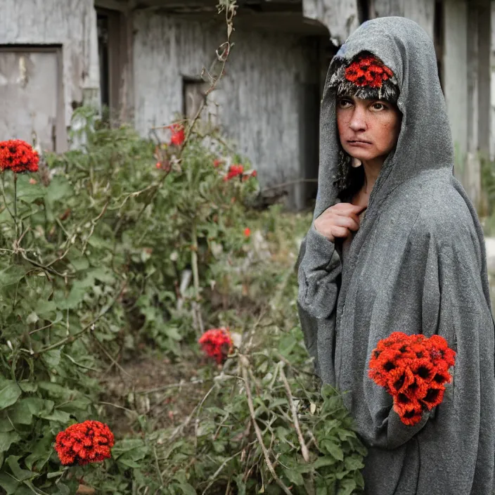 Prompt: a woman wearing a hooded cloak made of zinnias and barbed wire, in a derelict house, detailed face, CANON Eos C300, ƒ1.8, 35mm, 8K, medium-format print