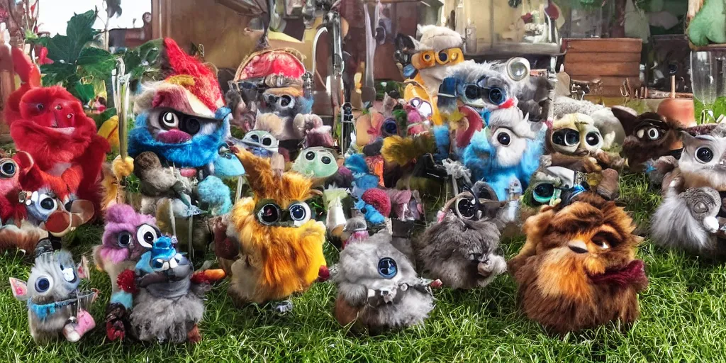 Image similar to an entire cadre of stoner furbies smoking from a variety of pipes, bongs, and implements.