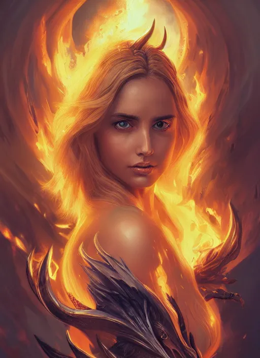 Image similar to evil pretty blond girl dragon surrounded by fire tornadoes, flawless symmetrical pretty cute face, ana de armas, hetrochromia, greg rutkowski, 8 k, shallow depth of field, intricate detail, concept art,