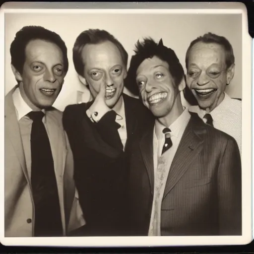 Image similar to polaroid group picture of steve buscemi, don knotts and pete davidson having a great time together