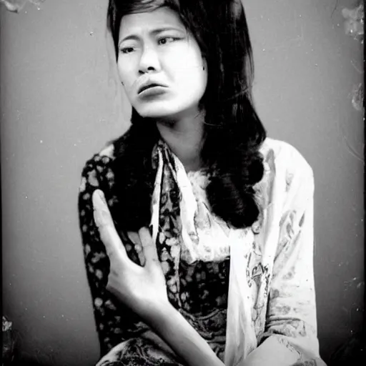 Prompt: vintage photograph of indonesian female singer, haunting expression